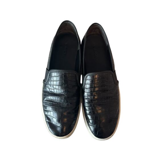 Vince Shoes - Vince Preston Croc-Embossed Leather Slip-On Sneakers Size 8.5 Black Casual‎